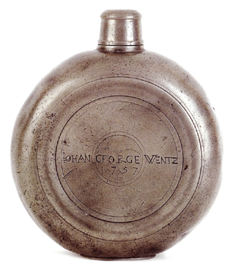 The Saturday session of the sale began with lot 301, a rare Lancaster, Penn., pewter flask dated 1757, bearing the touch of Johann Christoph Heyne and inscribed "Johan George Wentz,†53/8  inches high, that sold for $37,920, just about tripling the high estimate.