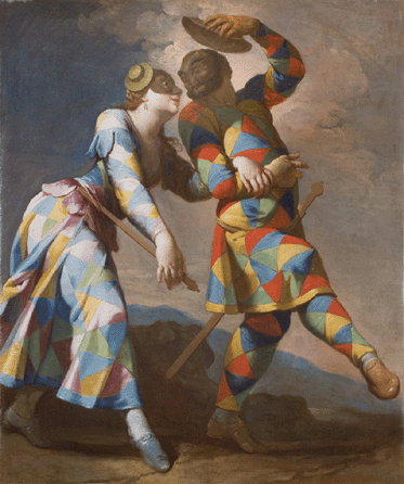 Giovanni Domenico Ferretti, "Harlequin and his Lady,†undated, oil on canvas, 23 5/16 by 19½ inches, Haukohl Family Collection.
