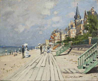 Claude Monet (French, 1840‱926), "The Beach at Trouville,†1870, oil on canvas, 22 by 25 5/8 inches. The Ella Gallup Sumner and Mary Catlin Sumner Collection Fund, 1948. Wadsworth Atheneum Museum of Art, Hartford.