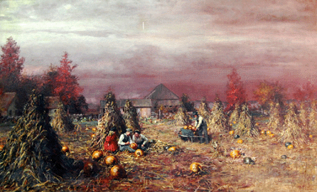 William Preston Phelps (American, 1848‱923),"Carving the Pumpkin,†circa 1885, oil on canvas, brought  $18,400.