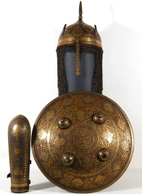 A three-piece set of Mughal empire armor consisting of a shield, helmet and one gauntlet and dating to the late Eighteenth Century sold for $9,200. 