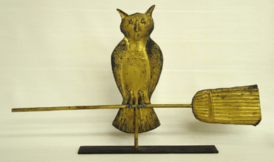This owl on broom weathervane, 42 by 25 inches, sold for $15,238.