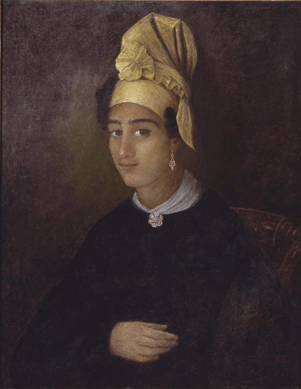 Francois Fleischbein usually depicted his subjects in three-quarter profile, looking sideways at the viewer, and Hudson, his pupil, followed suit in his portraits. In "Portrait of Betsy,†1837, thought to depict Fleischbein's New Orleans housekeeper, she wears an elaborate high tignon, the hair covering mandated for women of color after 1785. The Historic New Orleans Collection.