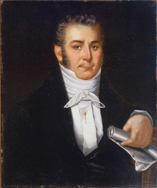 Created following his second sojourn in Paris, "Jean Michel Fortier,†1839, is on a larger scale than Hudson's previous work, measuring 30 by 35 inches, but the artist had difficulty with such proportions as the size and position of the left hand and the relationship of the sitter's head to his neck, shoulders and arm. The face is well done, as is the detail of musical notes on the rolled sheet music. Collection of the Louisiana State Museum, gift of Marguerite Fortier.