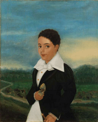 This somber young man in a pastoral setting appears to be of mixed ancestry and may be related to the Metoyer family, wealthy Louisiana plantation owners and free people of color. Titled "Creole Boy with a Moth,†1835, the use of a moth, a symbol of the soul, suggests this may be a memorial portrait by Hudson. Private collection.