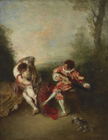 Jean-Antoine Watteau (1684‱721), "La Surprise,†1718‱9, oil on panel, 14½ by 11½ inches. Private collection. ⁍ichael Bodycomb photo