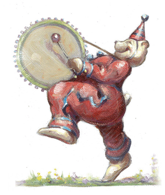 The oil on canvas image of a bear drummer is part of Scott Cook's logo, a charming parade of animal musicians. 