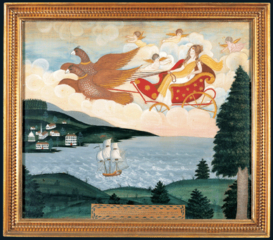 Artist unidentified, "Aurora,†New England, circa 1818′2, watercolor on silk with applied gold foil and paper label, in original gilded wood frame, 21 3/8 by 24 5/8 inches. Collection American Folk Art Museum, New York City, gift of Ralph Esmerian. ⁊ohn Bigelow Taylor photo