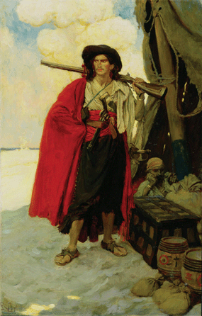 Painted to illustrate a story he wrote for Harper's Magazine, "The Buccaneer Was a Picturesque Fellow,†1905, represents Pyle's stab at recreating the look of an authentic pirate; this vibrant image helped shape views of pirate garb ever since. Somewhat ambivalent about a pirate's role, his "borderline hero-villain †greedy and independent, murderous and strong †continues to baffle and delight to this day,†says art historian Anne M. Loechle.