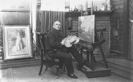 The photograph of Howard Pyle, taken by C.P.M. Runeford in1898, shows a confident and busy Pyle at his studio easel in Wilmington. He taught by both example and inspiring rhetoric.