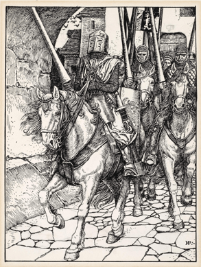 Unhappy with the often inaccurate colors in early illustration reproductions, Pyle created crisp, detailed and accurate woodcuts, modeled after German Renaissance master Albrecht Dürer, such as "Away they rode with clashing hoofs and ringing armor,†1888.