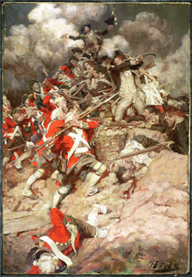 Picturing a turning point in the Battle of Yorktown, Pyle offered an animated closeup of redcoats and colonials in close combat, with dead and dying all around, in "They Scrambled Up the Parapet and Went Surging Over the Crest, Pell Mell upon the British,†1899.