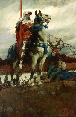 Illustrating the story of King Richard II, Pyle depicted the scene when Henry of Lancaster arrives in Wales for a rendezvous with the monarch, in "The Coming of Lancaster,†1908. The drama of the moment is enhanced by Henry's stalwart pose in his suit of armor astride a huge horse with bared teeth, all towering over two cowering peasants.