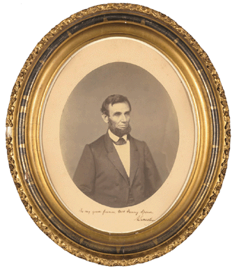 Unidentified. Abraham Lincoln, Inscribed by Lincoln to Fanny Speed, March 1 to June 30, 1861; salted paper print, 11½ by 9½ inches.
