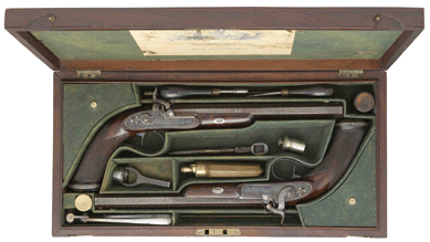 Among the firearms offered, this cased pair of 54-bore percussion dueling pistols by London maker J. Purdey, dating from 1830 and having belonged to Christopher Hampden Nicholson, brought $25,000.