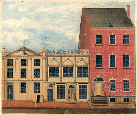 "Shop and Warehouse of Duncan Phyfe, 168-172 Fulton Street, New York City, 1817‱820,†a watercolor by an unidentified artist seems to have been made from an upstairs window in Phyfe's house across the street. Phyfe himself is the fashionably clad male figure visible through an open door. Metropolitan Museum of Art. ₩Metropolitan Museum of Art, New York City, photo