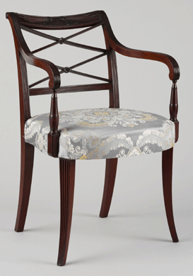 Phyfe made three sets of 60-some scroll back mahogany chairs for William Bayard. The 1807 example pictured, with incurvate Grecian-style front legs, is one of two surviving armchairs and 12 side chairs. The whereabouts of two other side chairs is unknown. Winterthur Museum, bequest of Henry Francis du Pont. ⁂ruce Schwarz, Metropolitan Museum of Art, photo