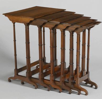 An 1841 set of rosewood nesting tables from D. Phyfe and Son is unusual for its number (six) and appears to be based on Sheraton's pattern. The Terian Collection of American Art. ⁂ruce Schwarz, Metropolitan Museum of Art photo