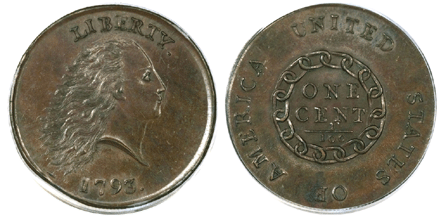 The first cent minted by the United States in 1793, known as the chain cent, brought $1.38 million from an anonymous collector at Heritage's Platinum night auction. 