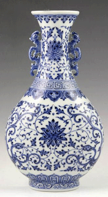 The Eighteenth Century blue and white vase bore a six-character Qianlong mark and realized $15,210.