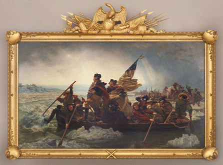 "Washington Crossing the Delaware†by Emanuel Gottlieb Leutze (German, active United States, 1816‱868), 1851, oil on canvas. Gift of John Stewart Kennedy, 1897 (97.34). Leutze's depiction of Washington's attack on the Hessians at Trenton on December 25, 1776, was a great success in America and in Germany. The painter began his first version of this subject in 1849. It was damaged in his studio by fire. In 1850, Leutze began this version of the subject, which was placed on exhibition in New York during October 1851. At this showing, Marshall O. Roberts bought the canvas for the then-enormous sum of $10,000. In 1853, M. Knoedler published an engraving of it. Many studies for the painting exist, as do copies by other artists.