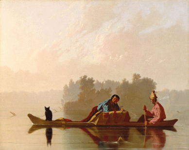 "Fur Traders Descending the Missouri†by George Caleb Bingham (1811‱879), 1845, oil on canvas. Morris K. Jesup Fund, 1933 (33.61). On June 4, 1845, Bingham returned from a winter stay in central Missouri to St Louis, bringing with him several paintings and many sketches. This apparently was one of the pictures that he brought with him, and he sent it later that year for sale to the American Art-Union. It was first called "French-Trader⁈alf breed Son,†but the Art-Union gave it the title by which it is now known. 