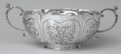 Two-handled bowl by Cornelius Kierstede (American, 1674⁣irca 1757), 1700‱710, silver. Samuel D. Lee Fund, 1938 (38.63). Metropolitan Museum of Art.
