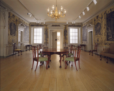 Great Hall of Van Rensselaer Manor House, Albany, N.Y., 1765‶9, woodwork and wallpaper, 1765‶9, gift of Mrs William Bayard Van Rensselaer, in memory of her husband, 1928 (28.143). Wallpaper, circa 1768, gift of Dr Howard Van Rensselaer, 1928 (28.224). Door, 1765‶9, gift of the trustees of Sigma Phi Society of Williams College, 1931 (31.95.1-.2, .6). Drop leaf dining table, 1755‹0, purchase, Ella Elizabeth Russell bequest in loving memory of Salem Towne Russell, 1933 (33.142.1). Side chairs, 1770‹0, gift of Charles A. Poindexter, 1962 (62.250.1-.2).