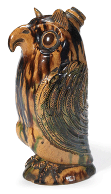 Only four Moravian owl bottles were known before the recent discovery of this example in a California collection. Made in Salem or Bethabara, N.C., and dating to the first quarter of the Nineteenth Century, it brought $50,000 on January 19. Bonhams Fine American and European Furniture and Decorative Arts.