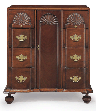 Deaccessioned by the Chipstone Foundation, this carved mahogany block and shell documents cabinet is signed by the Newport, R.I., cabinetmaker John Townsend, who made it between 1755 and 1765. Acquired by Chipstone founders Polly and Stanley Stone from New York dealer John Walton, it was knocked down in the room on January 20 to dealer G.W. Samaha for $3,748,500, the second highest price for the maker at auction. Christie's Various Owners.