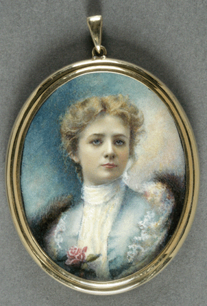 The winsome charm that made Maude Adams famous as Peter Pan is evident in this 1902 watercolor on ivory likeness by Clausen Cooper. The stage actress was 30 at the time.