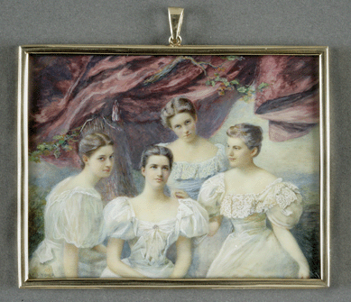 Working from an earlier photograph, Carl A. and Fredrika Weidner painted this unusually exquisite group miniature, "The Daughters of Robert Minturn (Sara Sedgwick, 1865‱919; Edith Stokes, 1867‱937; Gertrude Pinchot, 1872‱939; and Mildred Scott, 1875‱922)†in 1899. They were offspring of a high-society shipping magnate. Somewhat larger than solo portraits, this miniature measures 3 7/8 by 5 inches.