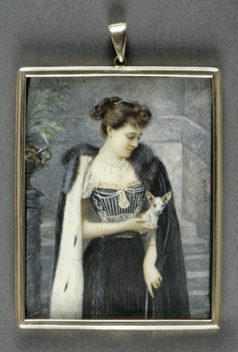 The good-looking daughter of celebrated socialite August Belmont, Fredericka Belmont married Samuel Shaw Howland in a brilliant Newport ceremony in 1877. She retained that beauty into her 40s, wearing a bejeweled gown and eyeing her pet Chihuahua in this 1898 depiction by Carl A. and Fredrika Weidner. It measures 33/8 by 3 inches.  