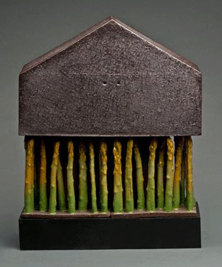 Robert Winokur (b 1933) "Asparagus Holds Up the House,†2010, salt glazed brick clay; collection of the artist.