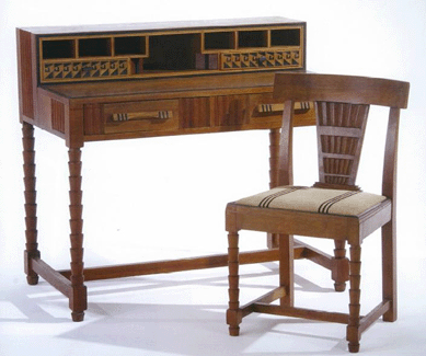 Frederick William Harer (1879‱948) desk and side chair, circa 1930s, walnut with pear and ebony inlay and upholstered slip seat; James A. Michener Art Museum. Museum purchase funded by John C. Seegers.
