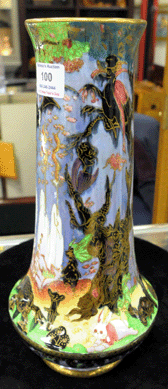 The Wedgwood Fairy Lustre cylindrical vase in the Ghostly Wood pattern, featuring the rare rabbit decoration, was discovered during preview to have a small repair to the bottom. It sold for $6,325.