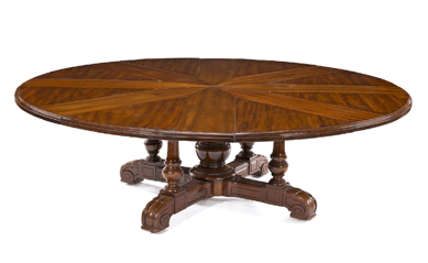 A William IV mahogany circular extension dining table, Johnson & Jeanes, circa 1830, sold well over high estimate to attain $80,500. The table has a circular top of radiating leaves, with eight additional leaves, and stands 29¼ inches tall. 