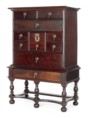 This important Philadelphia William and Mary mahogany spice or valuables box on frame from the Studdiford collection is made as a single piece, the center large drawer having a secret drawer. It sold on the phone for $112,575.