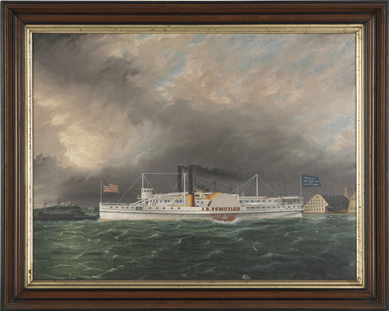 The American sidewheeler J.B. Schuyler by James Edward Buttersworth had the phone lines overflowing, sailing to $94,800. The next lot, also by Buttersworth, went to the same bidder for $56,880.