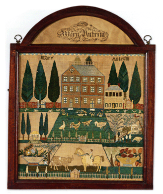 The top lot of the sale, #616, a rare and important needlework sampler, Mary Antrim, Burlington County, N.J., dated 1807, sold to Woodbury, Conn., dealer David Schorsch for $1,070,500, including the buyer's premium. Worked in silk and painted paper on linen, signed in the demilune "Mary Antrim 1807,†and in the sampler. It is in the original frame and measures 17 inches high and 16¾ inches wide. The provenance lists the Edgar William and Bernice Chrysler Garbisch sale at Sotheby's, November 12, 1972, and the work has been exhibited at the American Museum of Folk Art. The estimate was $80,000/120,000.