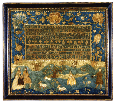 It only took until the third lot, #503, for things to heat up when a needlework sampler worked by Susannah Saunders, Sarah Stivours School, Salem, Mass., dated 1766, came up. Bidding opened at $45,000, against a high estimate of $80,000, and closed at $314,500, including the buyer's premium. This sampler was worked in characteristic silk long stitches and metal on a linen ground with a pastoral scene and luxuriant vine of blossoms surrounding bands of alphabets. It is signed by the maker, in her 12th year, and measures 16 by 18½ inches. The provenance lists Ginsburg & Levy, New York, and the sampler was in an exhibition at the American Folk Art Museum. It was bought by Carol and Stephen Huber.