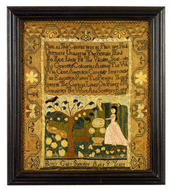 Lot 508, a fine and rare needlework sampler, Betsey Gail, Marblehead, Mass., circa 1790, measuring 17¼ by 14¾ inches. This one was worked in fresh-colored silk threads on a linen ground, signed along the bottom, "Betsy Gail sampler aged 9 years.†It shows a young girl standing by a tree, with two birds in the tree and a peacock on the ground. This was exhibited at the American Folk Art Museum and the provenance lists Bihler & Coger, Ashley Falls, Mass. This lot was purchased by Carol and Stephen Huber for $170,500 against an estimate of $40/80,000.