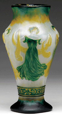 The selection of vases continued with a variety of French and English cameo.  Topping the list was a Eugene Michel cameo and intaglio carved vase featuring four maidens in flowing gowns, which finished up at $47,150.