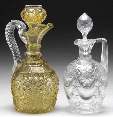From the Dorothy-Lee Jones collection was a lot of two glass decanters, this one a clear example with carved floral design and an amber cut glass example in the daisy and button pattern. In a seemingly endless bidding battle that went well beyond its $200/400 estimate, the lot ultimately sold for $22,425.