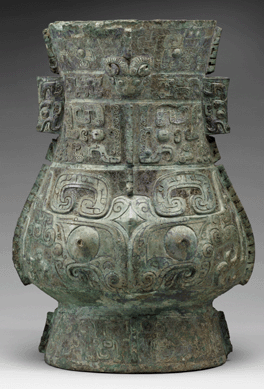 This archaic bronze ritual wine vessel from the Shang dynasty is decorated with motifs that have not yet been fully interpreted. Purchase: William Rockhill Nelson Trust.