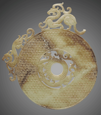 This early ritual disk of carved jade has an inner circle and an outer one surmounted by dragons. Purchase: William Rockhill Nelson Trust.