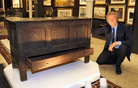 This carved, joined and painted oak chest was discovered in an upstate New York house not far from where auctioneer Leigh Keno grew up. Attributed to the Deacon John Moore shop tradition of Windsor, Conn., it was made between 1675 and 1690. Estimated at $100/250,000, it sold by phone for $632,400. 