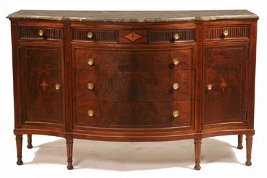 A furniture highlight was this custom Hepplewhite-style serpentine sideboard with gray and pink marble top and marquetry inlay that achieved $28,750.