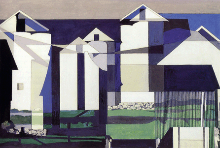 Known for both abstract and precisionist work, Charles Sheeler excelled at conveying the architecture of structures, often with overlapping planes and striking color contrasts, as seen in "Bucolic Landscape #2,†1958. New Britain Museum of American Art.