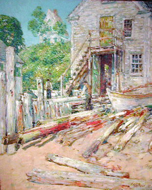 Visiting the new art colony in 1900, Impressionist leader Childe Hassam rendered a sunny, loosely painted view of a local landmark in "Riggers Shop, Provincetown.†An oil on canvas measuring 22 by 19 inches, it typifies the artist's optimistic take on New England summer retreats. New Britain Museum of American Art.